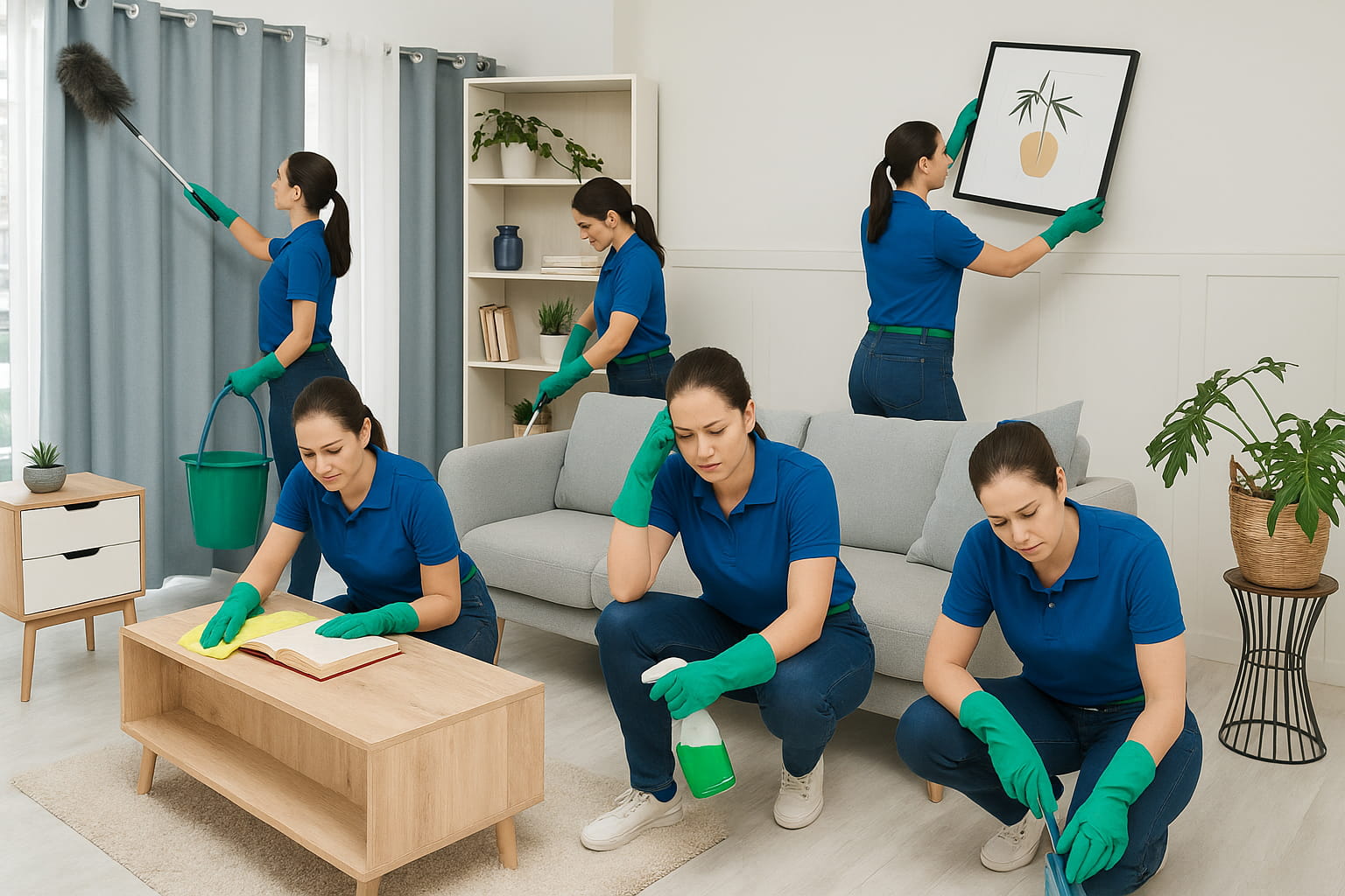 How to Keep Your Home-proscleaningservice A serene, organized living room with light streaming in, featuring neatly arranged furniture, clean surfaces, and storage bins for a tidy, minimalistic space. The image shows a happy person enjoying their clean environment, reflecting the dream outcome of a professional cleaning service.